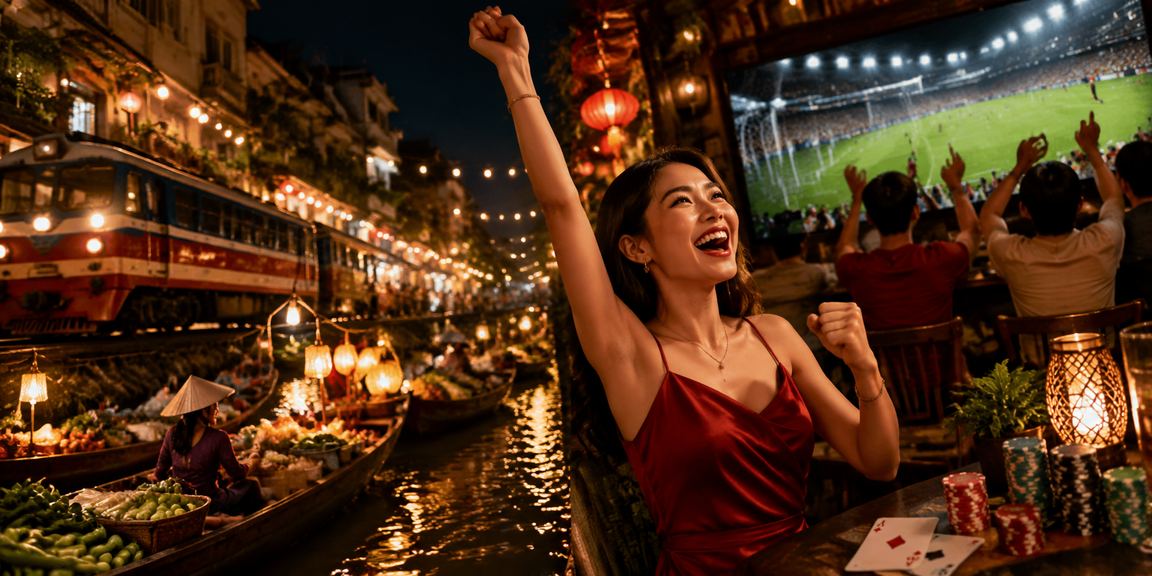 Bảng đèn neon sòng bài tại Hà Nội về đêm, khung cảnh đặc trưng của giải trí trực tuyến